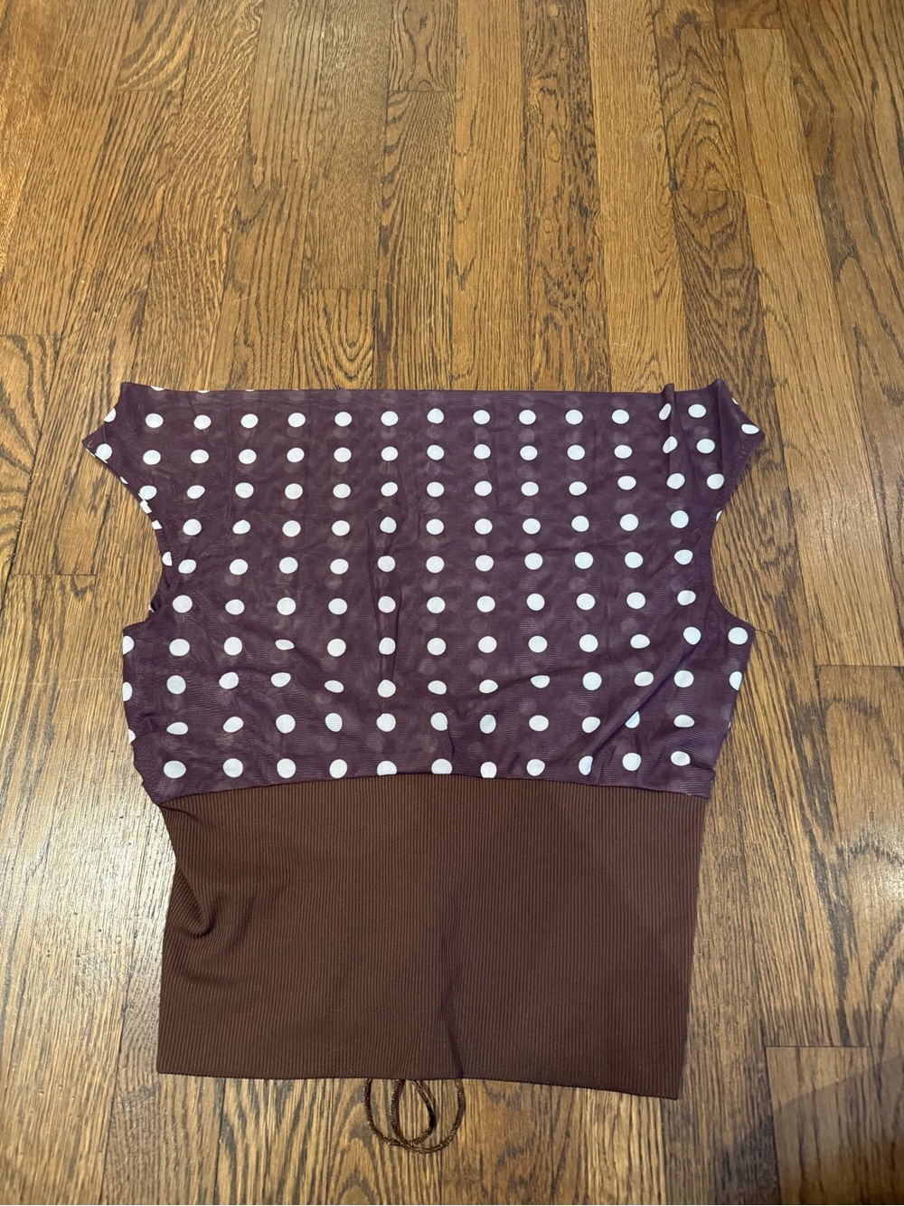 Amazon Women's Polka Dot Maroon and White Top with Brown Waistband